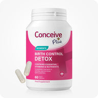 Conceive Plus Birth Control Detox supplement bottle, labeled for the UK market. Pink and white packaging highlights its purpose—to support the body's natural detox from birth control. Contains 60 vegan capsules with two translucent capsules shown beside the bottle.
