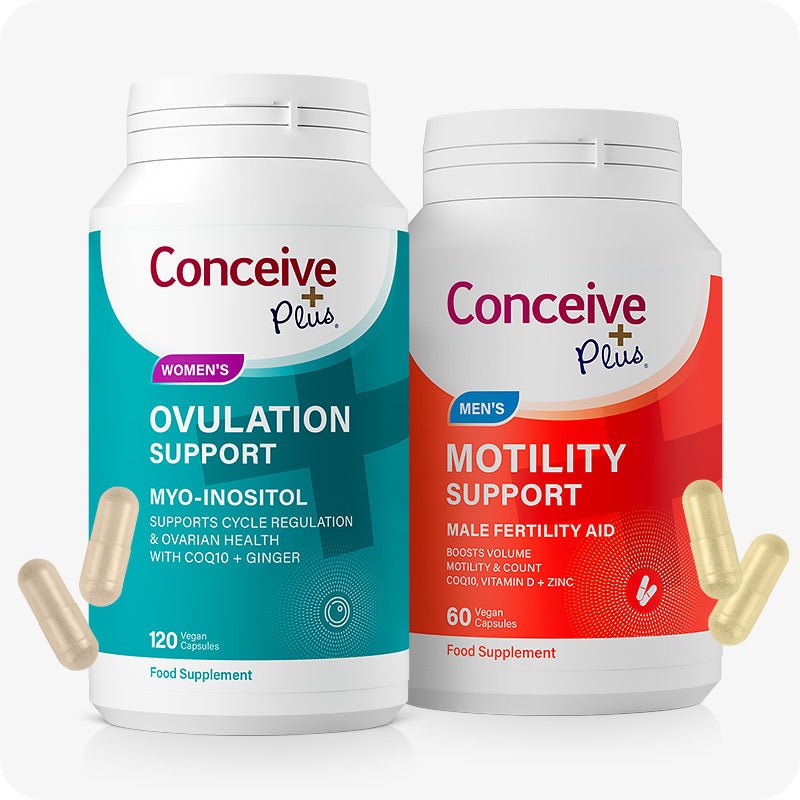 Conceive Plus Fertility Booster Bundle featuring two supplement bottles—Ovulation Support for women in teal and Motility Support for men in red—displayed with matching beige and yellow vegan capsules on a clean white background.