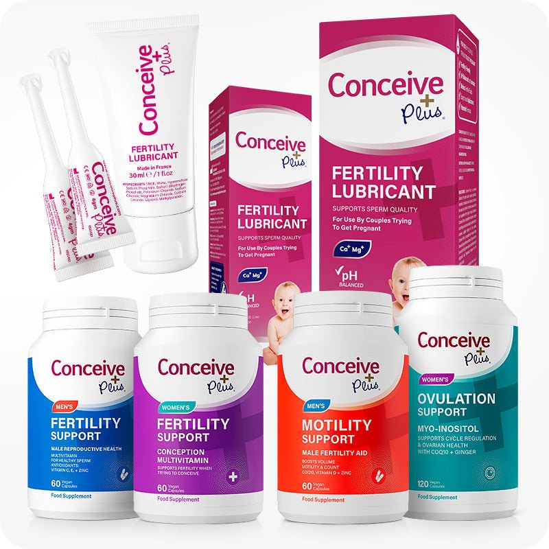 Conceive Plus Maximum Fertility Bundle featuring six essential fertility products—Men’s Fertility Support, Women’s Fertility Support, Men’s Motility Support, Women’s Ovulation Support, Fertility Lubricant tube, and applicators—arranged upright with bold, color-coded labels and visible packaging for comprehensive reproductive health support.