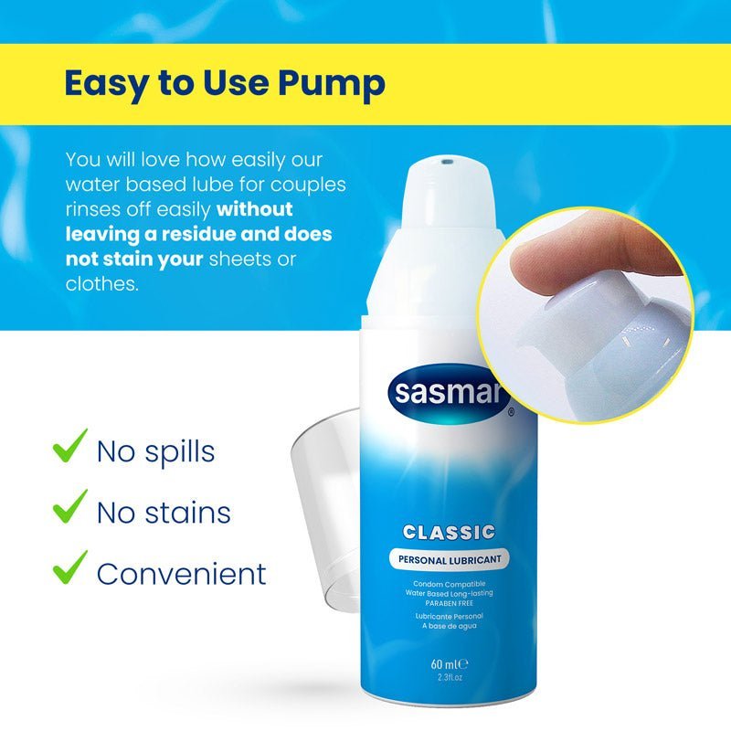 Sasmar personal lubricant bottle with pump and product features on a blue and yellow background