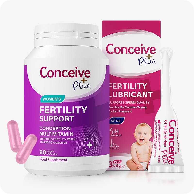 Conceive Plus Women's Fertility Combo with a purple-labeled Women's Fertility Support bottle and a pink Fertility Lubricant Pre-filled Applicators box, shown alongside pink capsules and a prefilled applicator tube with a baby image on the box, all set against a white background.