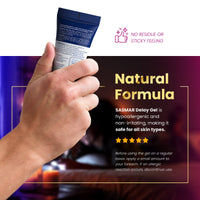 A hand holds a tube of SASMAR Delay Gel, with promotional text on a dark purple background and a white banner at the top showing product benefits.