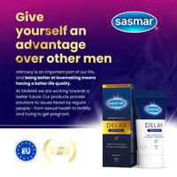 Sasmar Delay For Men product packaging on a purple promotional background with gold text, including a dark blue box, a white-and-blue tube, and brand/logo elements.
