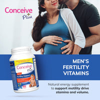 Advertisement for Conceive Plus men's fertility vitamins with a couple embracing and a pregnant woman holding her belly.