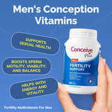 Conceive Plus Men's Conception Vitamins bottle held by a hand with text on a blue background