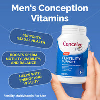 Conceive Plus Men's Conception Vitamins bottle held by a hand with text on a blue background