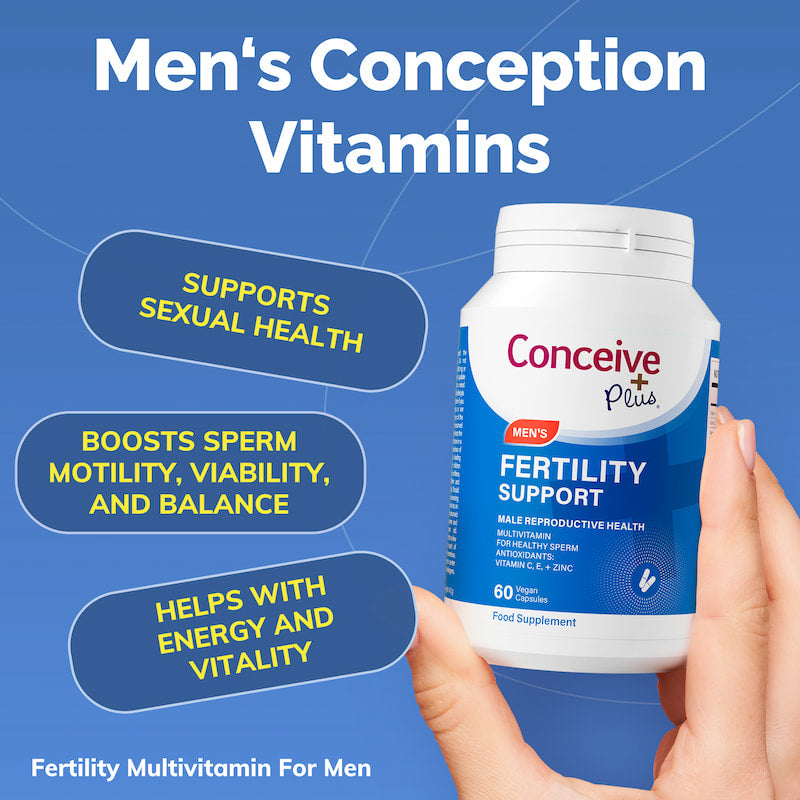 Conceive Plus Men's Conception Vitamins bottle held by a hand with text on a blue background