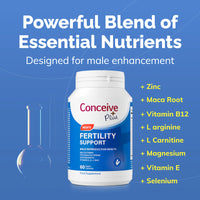 Supplement bottle labeled 'Conceive Plus' with text about essential nutrients on a blue background