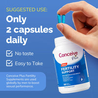 Fertility support supplement bottle with hand holding capsules against a blue background