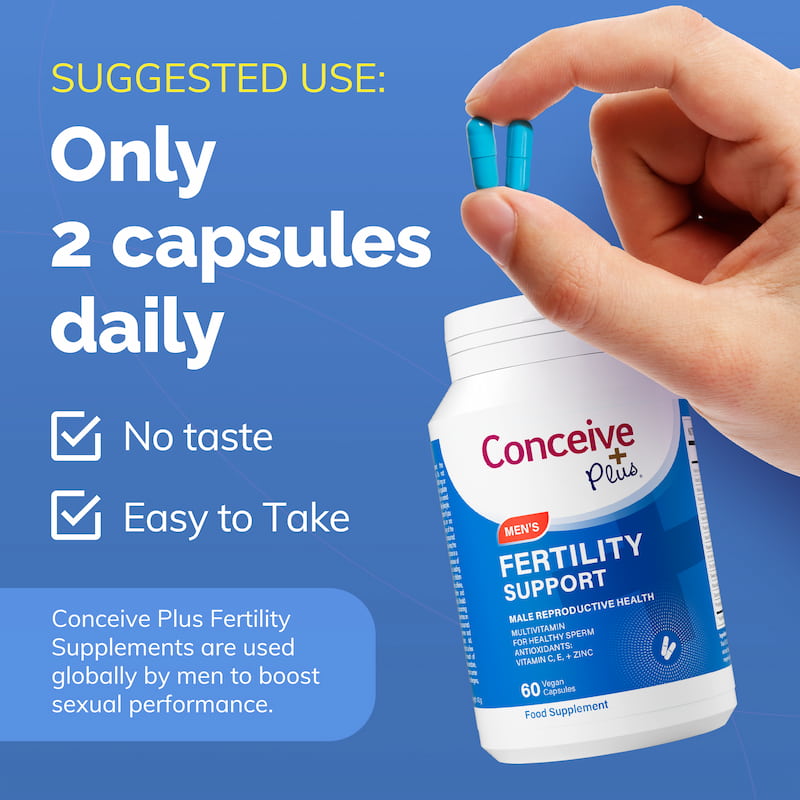 Fertility support supplement bottle with hand holding capsules against a blue background