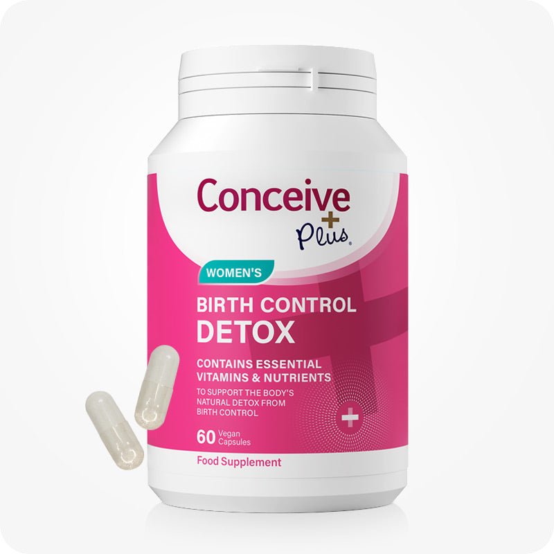 Conceive Plus Birth Control Detox supplement bottle, labeled for the UK market. Pink and white packaging highlights its purpose—to support the body's natural detox from birth control. Contains 60 vegan capsules with two translucent capsules shown beside the bottle.