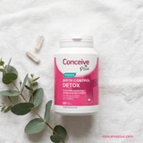 Supplement bottle labeled 'Conceive Plus Women's Birth Control Detox' on a light background with eucalyptus leaves.