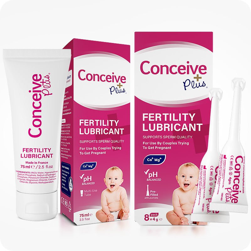Duo Fertility Lubricant Bundle showing Conceive Plus 75ml tube with box on the left and 8×4g pre-filled applicator box with two applicators on the right, all on a white background with pink packaging and baby images.