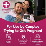Couple holding an ultrasound image with promotional text about fertility vitamins.