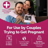 Couple holding an ultrasound image with promotional text about fertility vitamins.