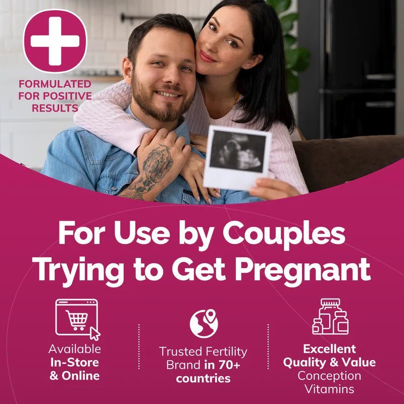 Couple holding an ultrasound image with promotional text about fertility vitamins.