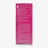 Max Fertility Lubricant Bundle featuring side box showing usage instructions, features, and patented formula of Conceive Plus 8×4g applicators. Pink box has white branding and writing.