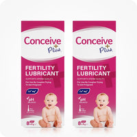 Max Fertility Lubricant Bundle featuring images of 2-pack of Conceive Plus 8x4g pre-filled applicators designed to support sperm quality and pH balance. Pink boxes with white and magenta branding and writing.