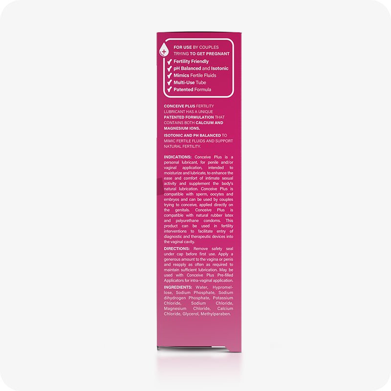 Max Fertility Lubricant Bundle featuring side box showing key features, usage directions, and ingredients of Conceive Plus 75ml tube. Pink box has white branding and writing.