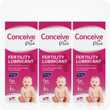 Max Fertility Lubricant Bundle featuring images of 3-pack of Conceive Plus 8x4g pre-filled applicators for couples trying to conceive naturally. Pink boxes with white and magenta branding and writing.