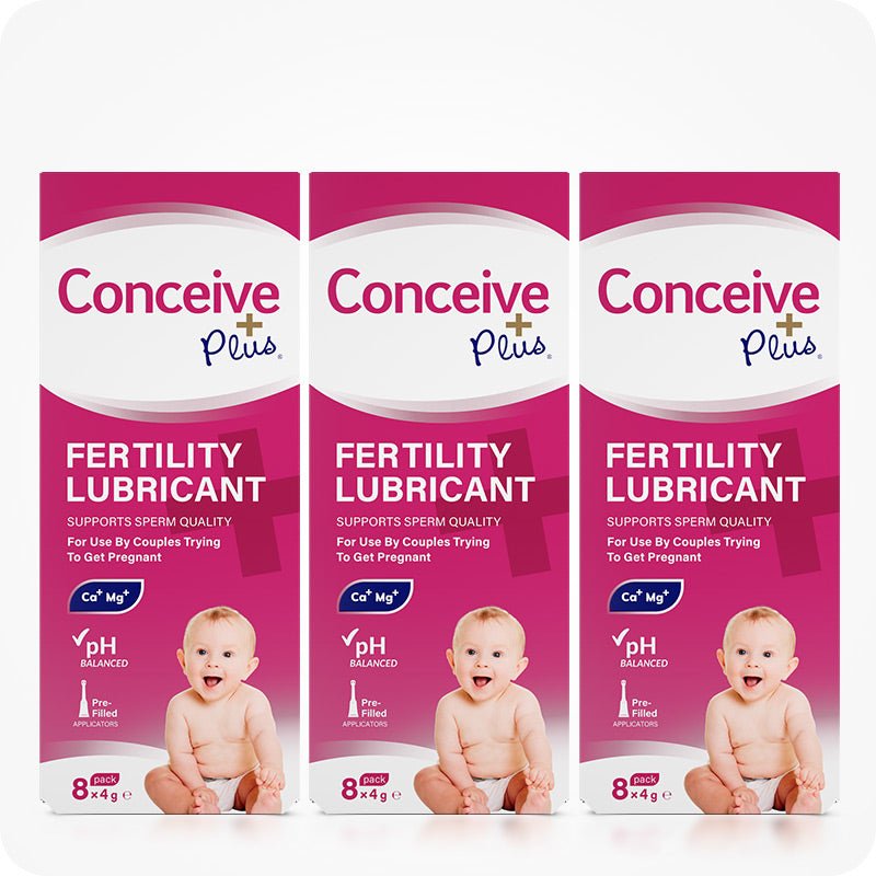 Max Fertility Lubricant Bundle featuring images of 3-pack of Conceive Plus 8x4g pre-filled applicators for couples trying to conceive naturally. Pink boxes with white and magenta branding and writing.