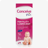 Max Fertility Lubricant Bundle featuring front box of Conceive Plus 8×4g pre-filled applicators with pH balanced and Ca+ Mg+ formula. Pink box has white and magenta branding.