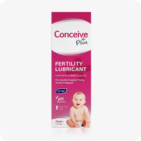 Max Fertility Lubricant Bundle featuring front box of Conceive Plus 75ml multi-use tube, featuring pH balance and Ca+ Mg+ formula. Pink box has white and magenta branding.