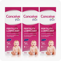 Max Fertility Lubricant Bundle featuring images of 3-pack of Conceive Plus 75ml tubes designed for couples trying to conceive with sperm-safe formula. Pink boxes has white and magenta branding and writing.