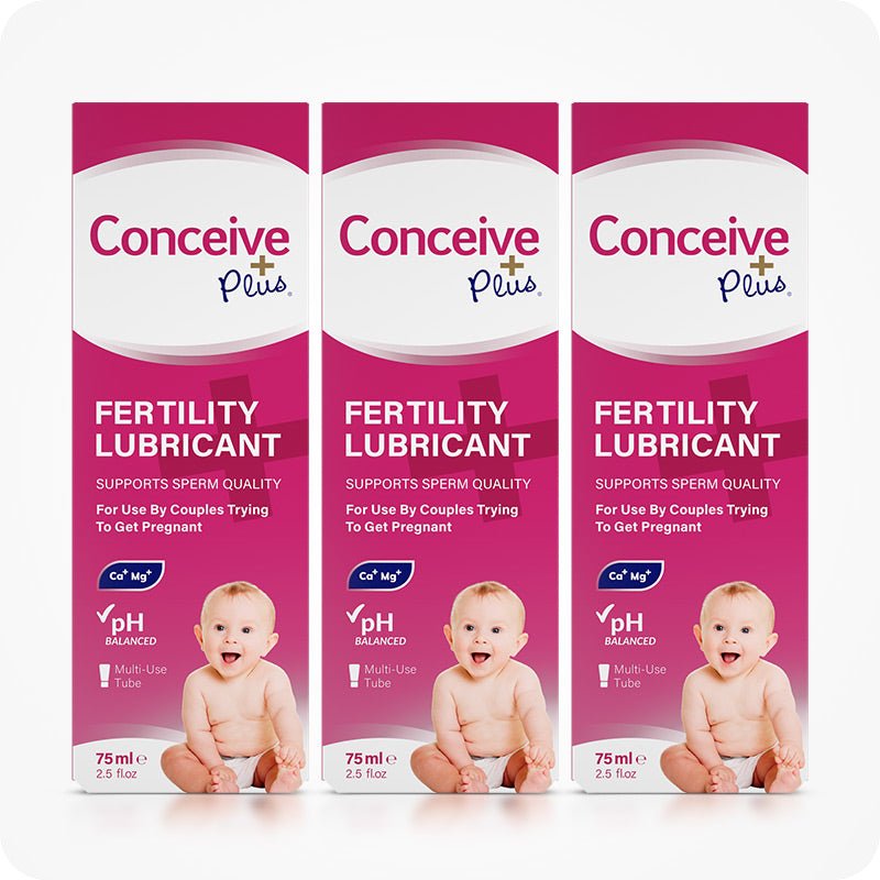 Max Fertility Lubricant Bundle featuring images of 3-pack of Conceive Plus 75ml tubes designed for couples trying to conceive with sperm-safe formula. Pink boxes has white and magenta branding and writing.