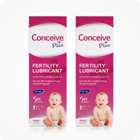 Max Fertility Lubricant Bundle featuring images of 2-pack of Conceive Plus 75ml multi-use tubes, designed to support sperm quality and pH balance. Pink boxes with white and magenta branding and writing.