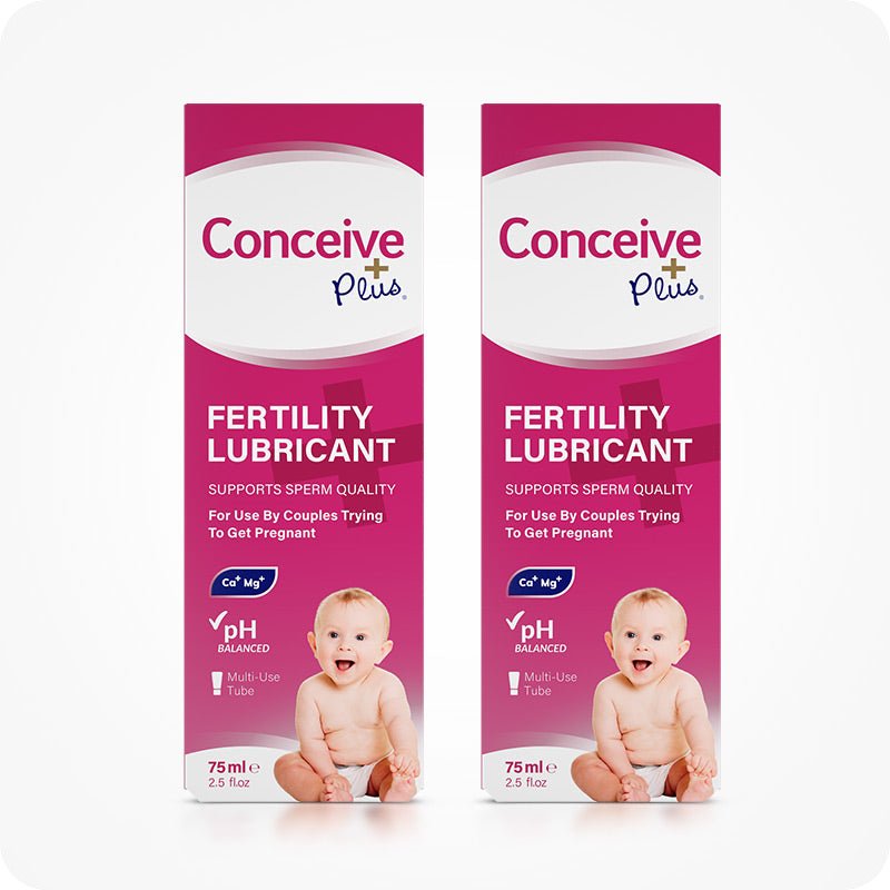 Max Fertility Lubricant Bundle featuring images of 2-pack of Conceive Plus 75ml multi-use tubes, designed to support sperm quality and pH balance. Pink boxes with white and magenta branding and writing.