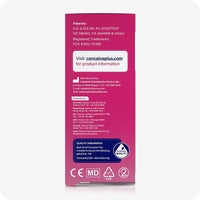 Max Fertility Lubricant Bundle featuring side box of Conceive Plus 8×4g showing patents, manufacturer info, and product quality assurance. Pink box has white writing and branding.