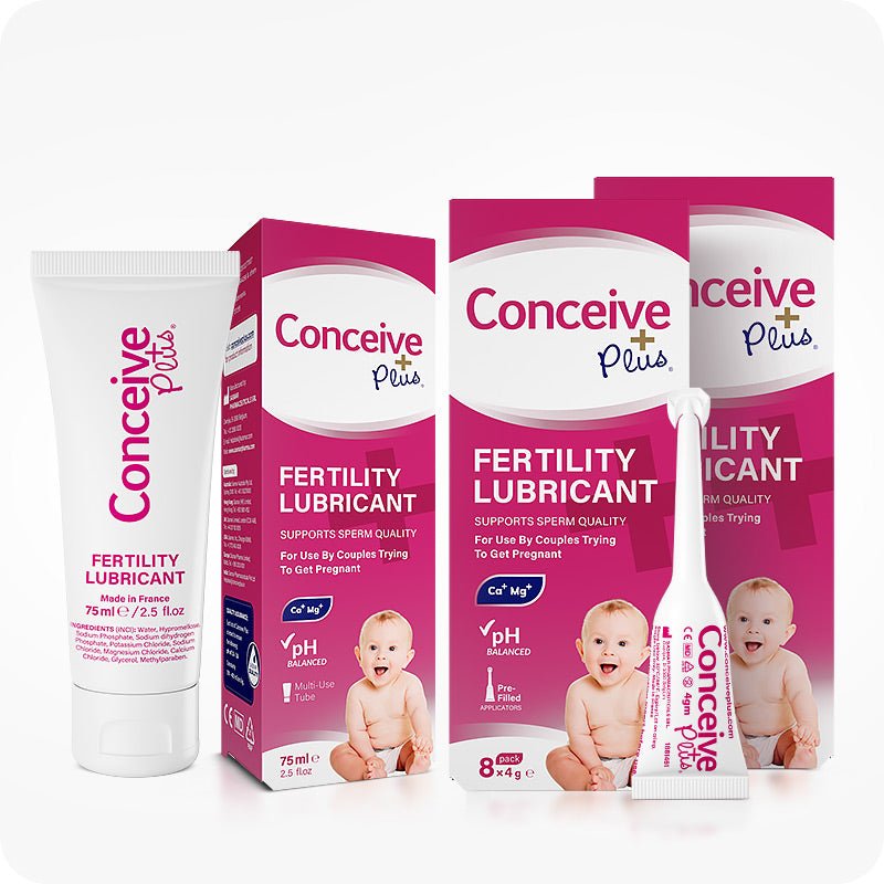 Max Fertility Lubricant Bundle featuring images of 75ml tube, multi-use box, pre-filled applicators, and branded packaging for couples. Pink boxes has white and magenta branding while white tube and applicator have pink branding.