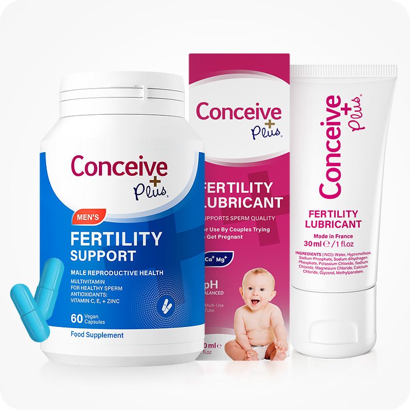 Conceive Plus Men's Combo | Fertility Support + Lubricant product image showing a blue-labeled 60-capsule Men's Fertility Support bottle beside a 30ml Conceive Plus Fertility Lubricant tube and its magenta box featuring a baby image, all placed against a clean white background with two loose blue capsules in front.