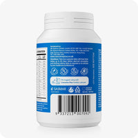 Back view of Conceive Plus Men’s Fertility Support bottle on a white background, displaying blue and white label with dosage directions, distributor info, barcode, and suggestion to use with Conceive Plus Fertility Lubricant.