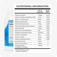 Nutritional information label for Conceive Plus Men’s Fertility Support showing vitamin, mineral, and proprietary blend values per two capsules, including Zinc, Vitamin B12, Maca root, and L-Arginine.