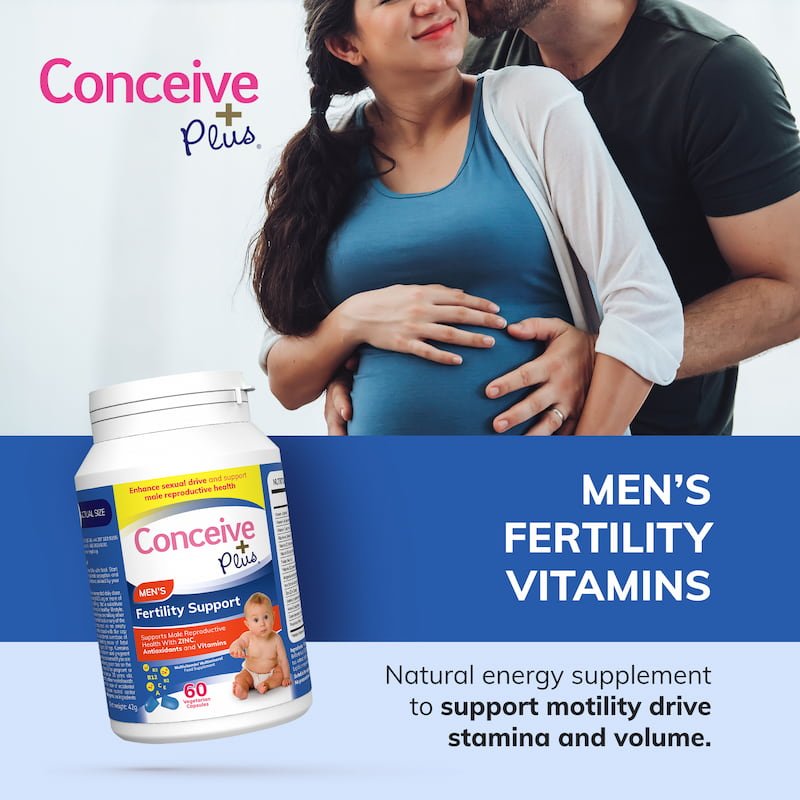 Advertisement for Conceive Plus men's fertility vitamins with a couple embracing and a pregnant woman holding her belly.