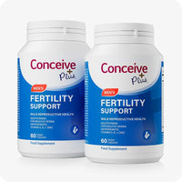 Two bottles of Conceive Plus Men’s Fertility Support displayed side by side on a white background, featuring blue and white packaging designed for male reproductive health and healthy sperm support.