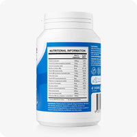 Side view of Conceive Plus Men’s Fertility Support bottle showing the nutritional information panel with detailed vitamin, mineral, and proprietary blend content, set against blue and white packaging.