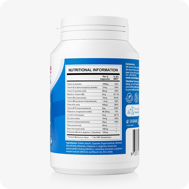 Side view of Conceive Plus Men’s Fertility Support bottle showing the nutritional information panel with detailed vitamin, mineral, and proprietary blend content, set against blue and white packaging.