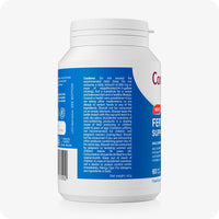 Side view of Conceive Plus Men’s Fertility Support bottle with blue and white label on a white background, showing caution details, daily dosage guidance, and allergy information printed in white text.