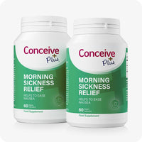 Conceive Plus Morning Sickness Relief 2-pack bottle set, featuring 60 vegan capsules per bottle. Green and white label emphasizes nausea relief during pregnancy with ginger-based formula.