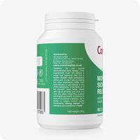 Side view of Conceive Plus Morning Sickness Relief bottle displaying distribution details, allergy warning, dosage cautions, and storage instructions. Green and white label promotes ginger-based nausea support during pregnancy with 60 vegan capsules.