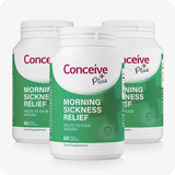 Conceive Plus Morning Sickness Relief 3-pack bundle, each bottle containing 60 vegan capsules. Green and white labels emphasize nausea support during pregnancy using ginger powder. Clean layout with bold magenta branding and high color contrast for visibility.