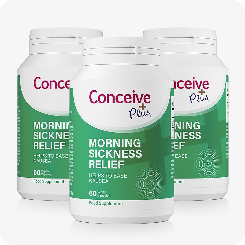 Conceive Plus Morning Sickness Relief 3-pack bundle, each bottle containing 60 vegan capsules. Green and white labels emphasize nausea support during pregnancy using ginger powder. Clean layout with bold magenta branding and high color contrast for visibility.