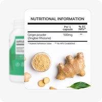 Conceive Plus Morning Sickness Relief nutritional information table featuring 500mg ginger powder (Zingiber Rhizome) per capsule. Image includes fresh ginger root, ginger slices, and powder on a white background to highlight natural ingredients.