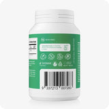 Back label of Conceive Plus Morning Sickness Relief supplement bottle, showing barcode, NON-GMO certification, and product assurances such as vegan-friendly, no preservatives, and made in Europe. For nausea relief during pregnancy with 60 vegan capsules.