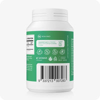 Back label of Conceive Plus Morning Sickness Relief supplement bottle, showing barcode, NON-GMO certification, and product assurances such as vegan-friendly, no preservatives, and made in Europe. For nausea relief during pregnancy with 60 vegan capsules.