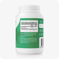 Conceive Plus Morning Sickness Relief supplement bottle side view showing nutritional information and ingredients list. Contains 500mg ginger powder per capsule to ease nausea during pregnancy. Features usage directions and green product label.