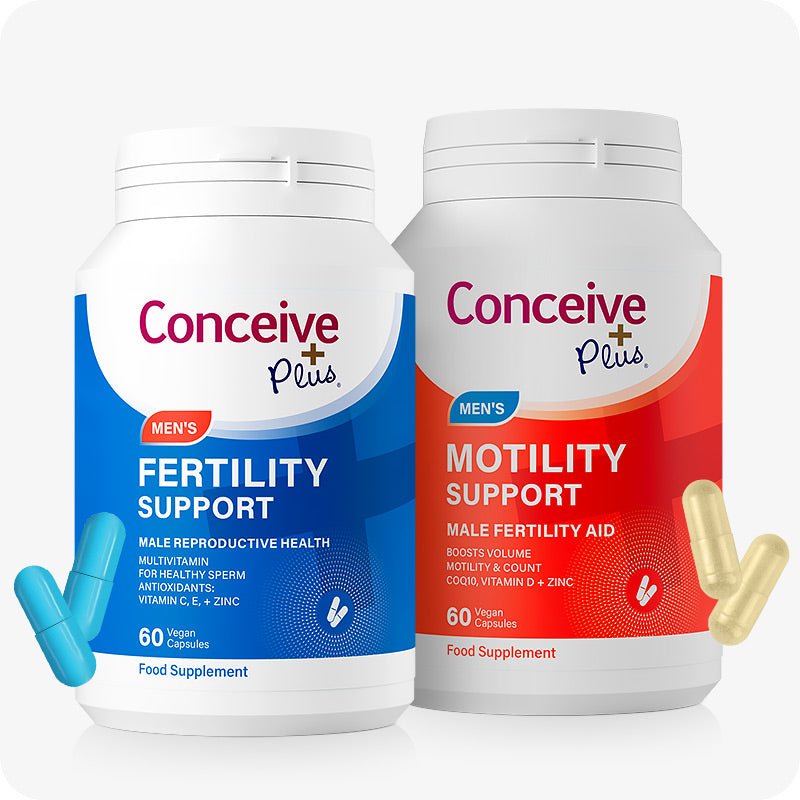 Conceive Plus Motility Bundle with two labeled supplement bottles—Men's Fertility Support in blue and Motility Support in red—each containing 60 vegan capsules, shown with matching blue and beige capsules on a white background.